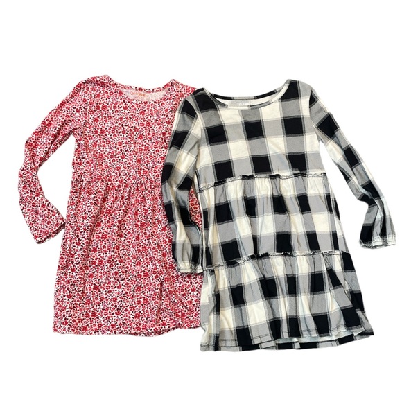 2 Long Sleeve Flare Dresses Old Navy Cat & Jack Floral Buffalo Check Size M(8) - Picture 1 of 12